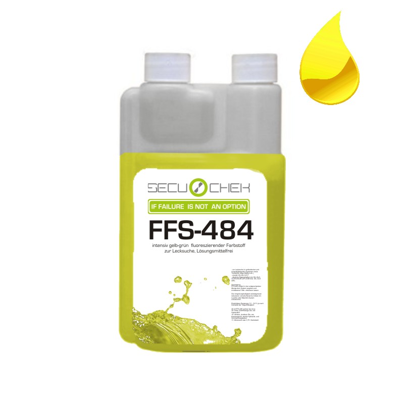 Abbildung einer Fluoreszenzfarbstoff-Flasche FFS-484 gelb-grün von SECU-CHEK zum Leck suchen