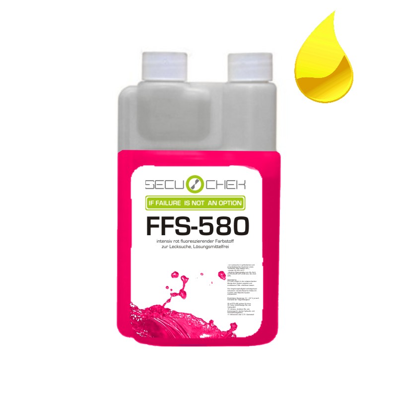 Abbildung Leckageortung Dosierflasche: FFS-580 Leckageortungsfarbstoff rot für Mineralöle