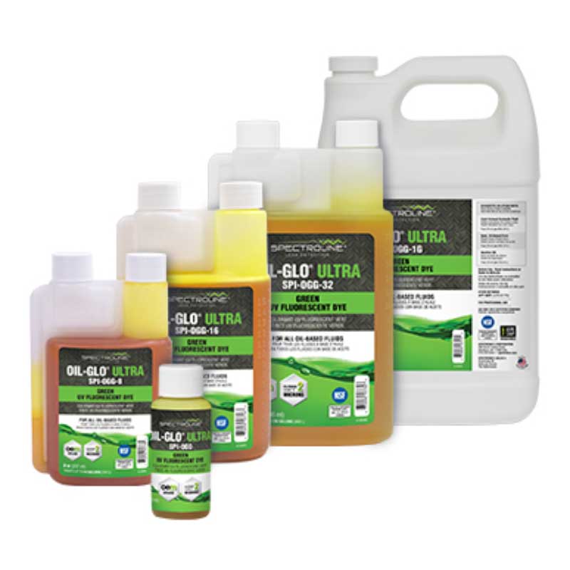 Übersicht Dosierflasche Kanister etc. OIL-Glo 33 Spectroline Leckagesuche-Farbstoff mit grüner Fluoreszenz für Öl-Kreisläufe
