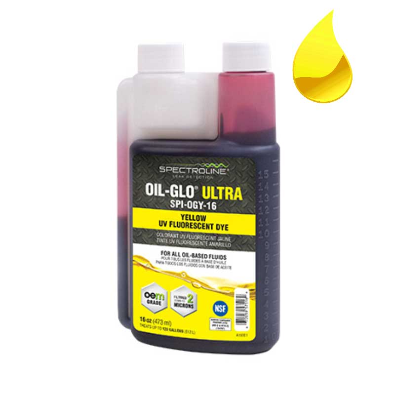 Dosierflasche Farbfluoreszenz: OIL-GLO 20 gelb fluoreszierender Leckageortungs- UV-Farbstoff für Mineralöle und Öl-Systeme
