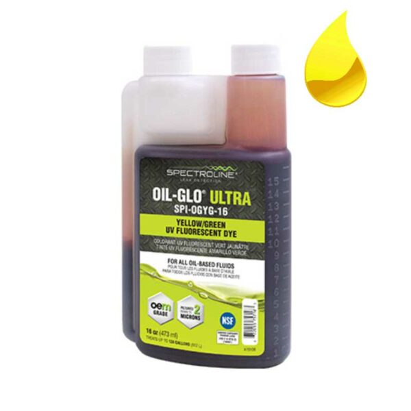praktische Dosiermöglichkeit: Abbildung einer Flasche OIL-GLO 44 gelb-grünem UV-Farbstoff für die Detektion von Ölleckagen